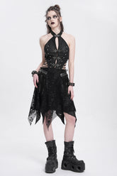 Robe Punk Femme Noire à Imprimé Crâne Sans Manches à Col Halter Irrégulier